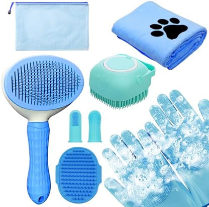 Dog Grooming Kit for Shedding – 8-Piece Pet Grooming Supplies with Deshedding Brush, Bath Gloves, Towels & Silicone Toothbrush | Ideal for Dogs, Cats, Small and Large Pets (Blue)