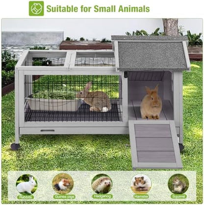 Wooden Rabbit Hutch Indoor and Outdoor, Rabbit Cage with Removable Wire Netting and Leak Proof Tray, Mobile Bunny Cage with Wheels (Grey)