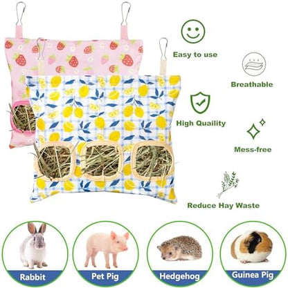 Lesnala 2 Pcs Canvas Hanging Bunny Hay Feeder Bags 3 Holes 2 Styles