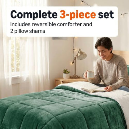 Amazon Basics Reversible Sherpa Comforter Set with Pillow Sham, Soft Warm, King, Green