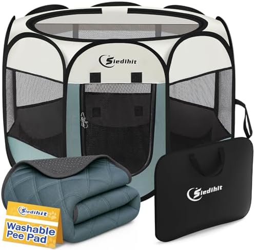 Sieidihit Dog Cat Playpen Tent Crate Cage with Washable Pee Pad, Small Grey