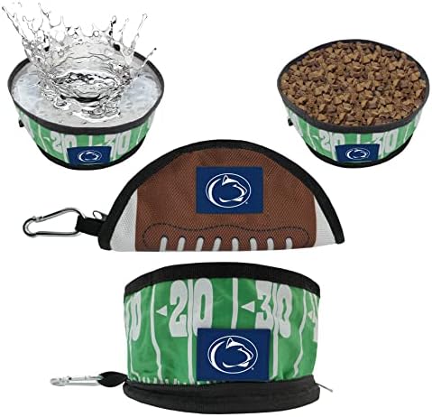 Pets First NCAA Penn State Nittany Lions Collapsible Dog Travel Bowl, Food and Water Bowl for Dogs & Cats. Lightweight Leak-Proof Pet Bowl for Travel with Football Field & Pebble-Grain Design
