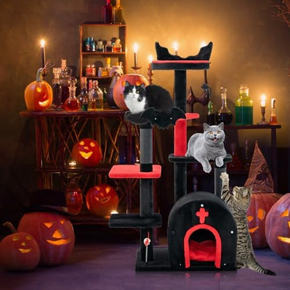 Tangkula Gothic Cat Tree, 53 Inch Black Cat Tower with Coffin Bed, Condo, Scratching Posts, Spider Pompom & Spring Balls, Halloween Pet Furniture, Spooky Goth Cat Tree for Indoor Cats