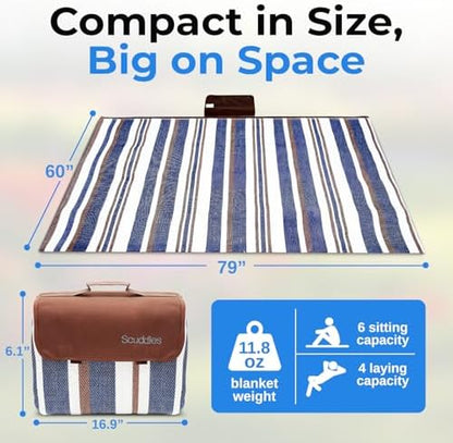 scuddles Extra Large Picnic Blanket 80 x 80 Inch, Waterproof Outdoor Mat with 3 Layer Soft Cushion, Foldable Compact Design with Carry Strap for Beach, Camping, Hiking, Parks and Travel Use
