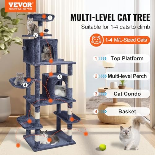 VEVOR Cat Tree for Indoor Cats, 68.5" Cat Tower with 2 Cat Condos, Sisal Scratching Post, Hammock, Top Perch, Jumping Platforms, Large Cat Furniture Activity Center with Hang Ball, Dark Grey