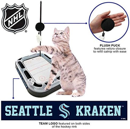 Cat Scratching Toy Hockey Field ICE HOCKEY RINK Cat Scratcher Toy with Interactive Cat Ball Bell in Tracks. 5-in-1 CAT TOY: Cat Wand Poll, CATNIP FILLED Plush Hockey Puck & Feathers