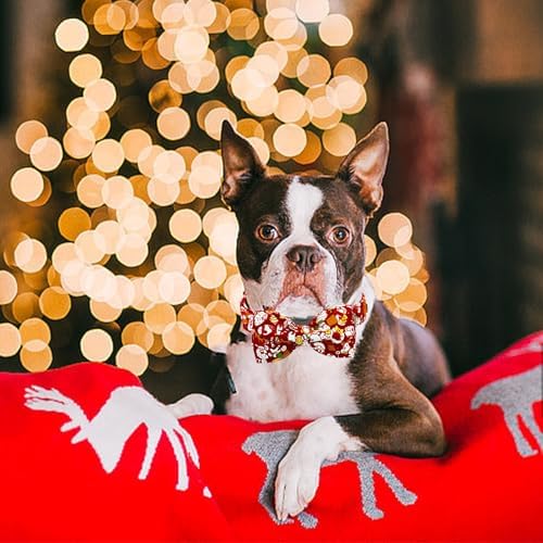Lionheart glory Dog Bow Collar Red Christmas Santa Deer Print Dog Collar for Large Dogs Adjustable Soft Sturdy Girl or Boy Collars with Bowtie Fall Collar Bows