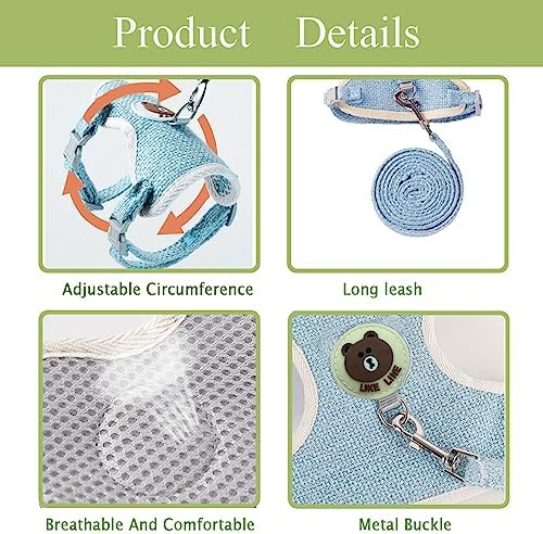 Rabbit Harness and Leash Set 2 Pieces Adjustable Bunny Harness Leash Ferret Harness Guinea Pig Harness Ferret Leash for Small Pets Walking Outdoor (Blue, Small)