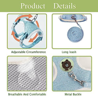 Rabbit Harness and Leash Set 2 Pieces Adjustable Bunny Harness Leash Ferret Harness Guinea Pig Harness Ferret Leash for Small Pets Walking Outdoor (Blue, Small)