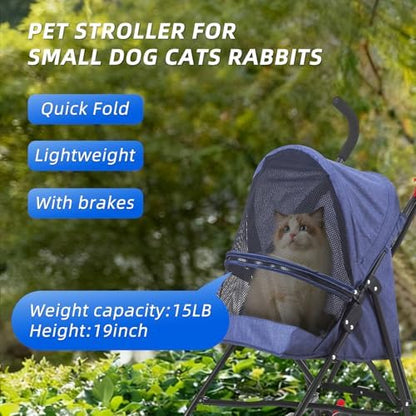 Pet Stroller Oxford Cloth Foldable Dog Strollers for Small Dogs and Cats Suitable for All Road Surfaces Wide-View Panoramic Window 4 Wheels with Brakes Portable Design, Easy to Store (Blue)