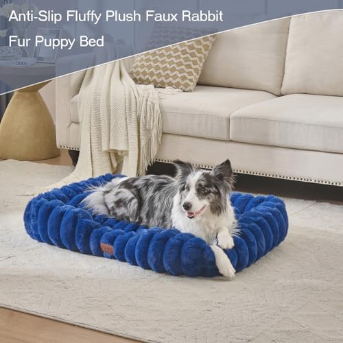 Luxury Dog Beds,Large Sized Dog Washable Furry Pet Beds,Comfort Rectangle Pet Sofa Couch with Ultra,Puppy Beds with Removable Zipper Cover,30x25x7.5inches,Navy Blue