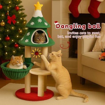 LUCKLIFE 48" Christmas Cat Tree with 2 Cozy Houses,Indoor Modern Cats Tower with Anti-Tip Kit,Plush Perches & Hanging Balls,Holiday Cat Climbing Furniture for Kittens to Play and Sleep