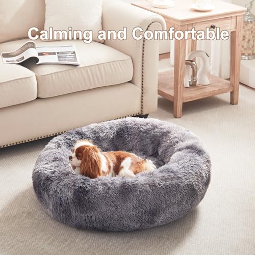 30 in Faux Fur Fluffy Donut Dog Bed for Medium Dogs,Tie-dye Grey