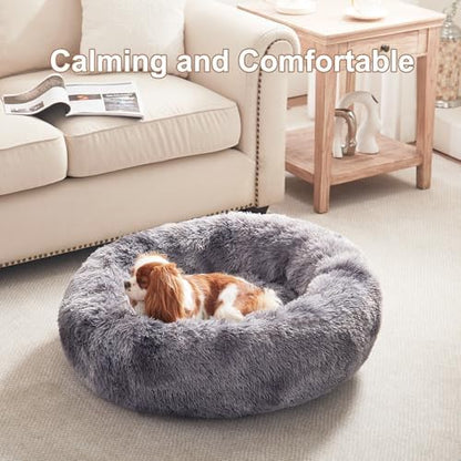 30 in Faux Fur Fluffy Donut Dog Bed for Medium Dogs,Tie-dye Grey