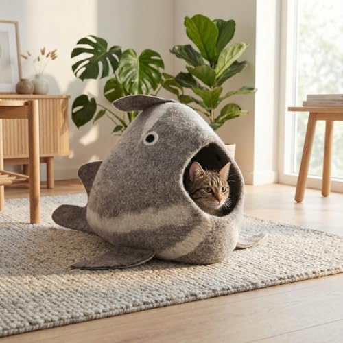 Whale Cat Cave — Felt Cat Cave Bed, Funny Cute Cat Bed, Handmade Wool Cat Cave for Indoor Cats, Fits 1 Large or 2 Small Cats, 20 x 14.5 Inch, Natural Wool Cat Hideaway