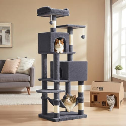 Feandrea Cat Tree, 59.5-Inch Tall Cat Tower, Multi-Level Condo, Smoky Gray