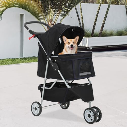 FDW Pet Stroller 3-Wheel Durable Foldable Cat Dog Stroller with Washable Liner Storage Basket Cup Holder,Dark Black