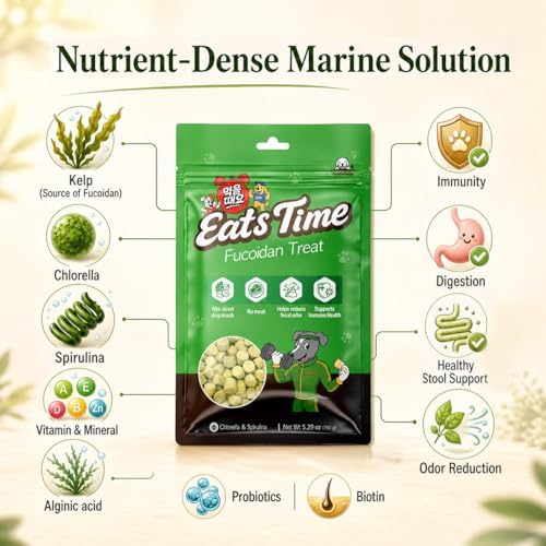 Fucoidan Treat for Dogs, Meat-Free Soft Chews – Immune & Digestive Health, Stool & Odor Support, Antioxidant, Superfood with Spirulina, Chlorella & Probiotics, Bite-Sized 5.29 oz (150g)