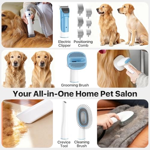 Buenkee Dog Grooming Vacuum Kit, 15000Pa Clipper, Shedding Brush, 2L, Blue
