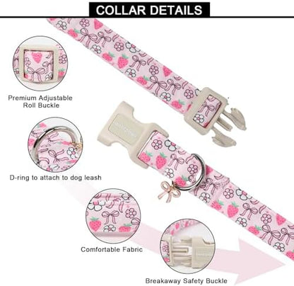 Lionet Paws Spring Dog Collar- Cute Strawberry Pink Dogs Collar with Plastic Buckle and Bowtie Pendant,Dog Collar for Small Medium Dogs