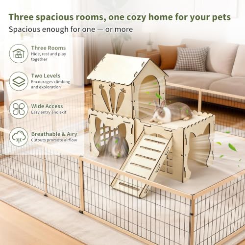 Rypet Extra Large Wooden Rabbit Castle, Bunny House Hideout with Stairs