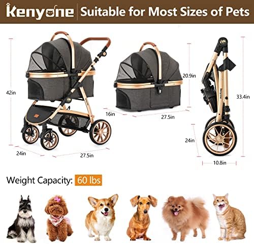 Kenyone Pet Stroller 3 in 1 for Medium Small Size Dogs Luxury Large Cat Stroller Detachable Carrier for Puppy, Kitty, Doggie (C510L Dark Gray)