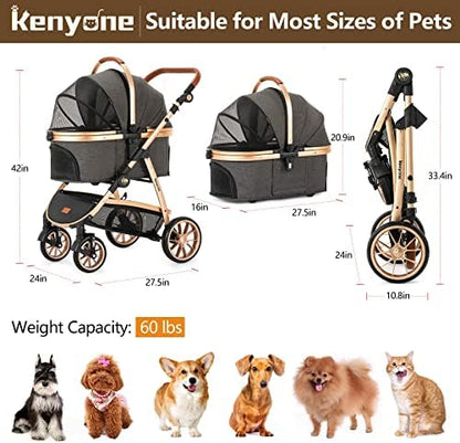 Kenyone Pet Stroller 3 in 1 for Medium Small Size Dogs Luxury Large Cat Stroller Detachable Carrier for Puppy, Kitty, Doggie (C510L Dark Gray)