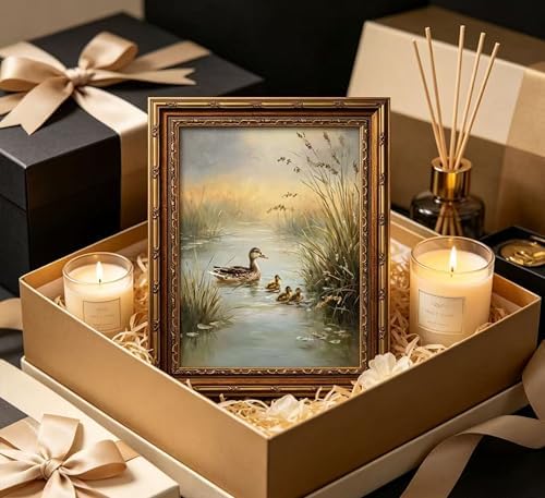 Vintage Gold Framed Duck Wall Art, Pond Ducks Oil Painting Canvas Print, Miniature Bird Wall Decor, Antique Animal Mallard Picture Poster, Rustic Farmhouse Artwork for Nursery Bedroom Living Room