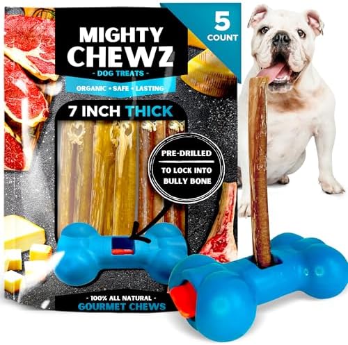 7" Thick Bully Sticks (5 Pack) with Bully Stick Safety Device - No Choking/All Natural Pizzle Sticks and Bully Stick Holder
