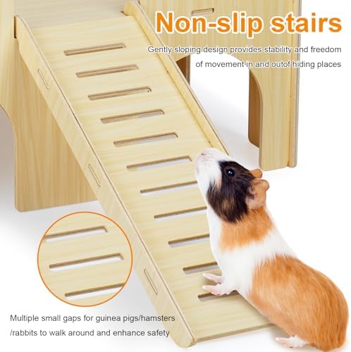 Large Guinea Pig Hideout, Upgraded Wooden Guinea Pig Castle with Guinea Pig ramp, Easy to Assemble Guinea Pig House for Small Animal House Habitat or Hamster Hideout/Rabbit Hideout