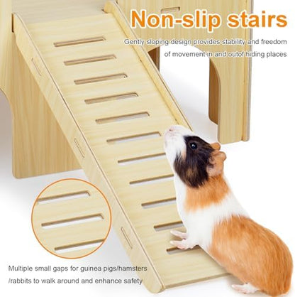 Large Guinea Pig Hideout, Upgraded Wooden Guinea Pig Castle with Guinea Pig ramp, Easy to Assemble Guinea Pig House for Small Animal House Habitat or Hamster Hideout/Rabbit Hideout
