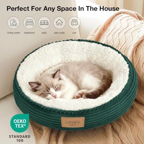 Love's cabin Round Donut Cat and Dog Cushion Bed, 20in Pet Bed for Cats or Small Dogs, Anti-Slip & Water-Resistant Bottom, Super Soft Durable Fabric Pet beds, Washable Luxury Bed Dark Green