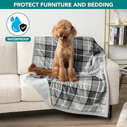 PetAmi Waterproof Dog Blanket for Medium Large Pet, 60x40, Plaid Light Grey