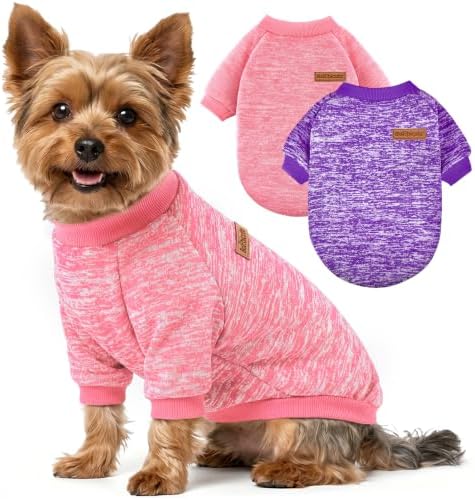 2 Pack Dog Sweaters for Small Dogs Girl Boy Winter Fleece Clothes Warm Soft Dog Sweatshirt Outfit for Dogs Cats Pet Apparel (Pink+Purple, XS (Back: 9.8",Chest: 13.7", 3.5-5.5lbs))