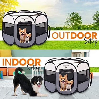 SereneLife On-The-Go Foldable Portable Pet Tent 8-Panel Playpen for Dog & Cat w/Food/Water Bowl, Mesh Exercise Puppy Playground, Pet House Indoor & Outdoor, Travel & Camping Pet Kennel (Grey, Medium)