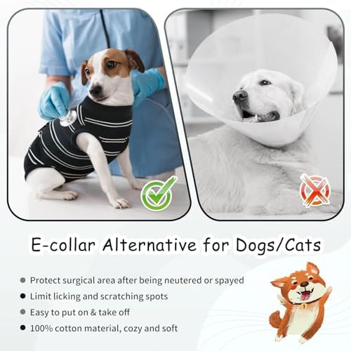 Kuoser Dog Surgery Recovery Suit, Soft Breathable Dog Recovery Suit for Female Spay Male Nueuter, Anti Licking Puppy Onesie Pet Surgical Suit for Dogs Abdominal Wounds Skin Disease, Black Strips XS