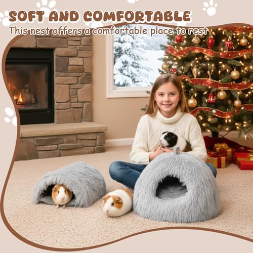2 Pack Guinea Pig Hideout Bed with Tunnel, Large Soft Plush Cozy House, Washable Hideaway for Guinea Pigs and Small Animals(Style 1)