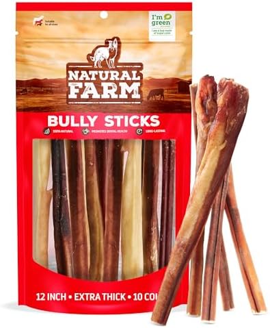 Natural Farm Extra-Thick 12-Inch Beef Bully Sticks Dog Chews (10-Pack) - Odor-Free Dental Treats for Dogs