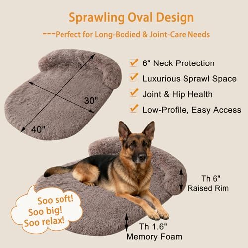 Orthopedic Dog Bed with Egg-Crate Base, Calming Dog Beds Fluffy Plush Faux Fur with Raised Edges, Spine Friendly Pet Sleeping Mat for Medium Large Dogs, Machine Washable (Oval, Brown 40"x30")