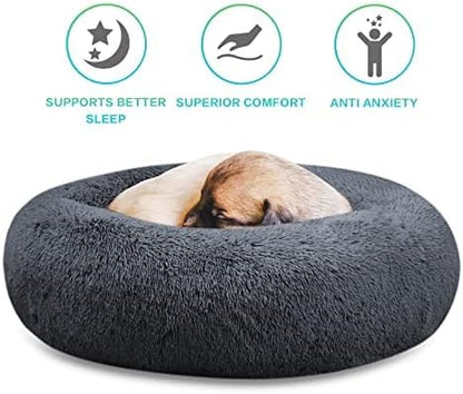 SAVFOX 30 inches Calming Donut Dog Bed - 3X Durable Plush Faux Fur, Machine Washable & Non-Slip, Fits up to 45 lbs, Dark Grey