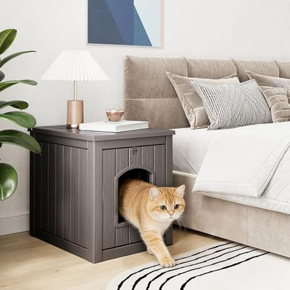 Cat Litter Box Enclosure, Openable Front Door Outdoor Enclosed Cat Litter Box, Outdoor Cat House Weatherproof Raised Floor, Easy to Clean, Grey