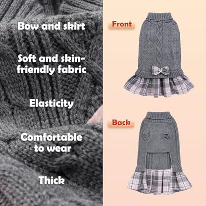 YUDODO Small Dog Sweater Dress with Bowtie Turtleneck - Knitted Pet Clothes
