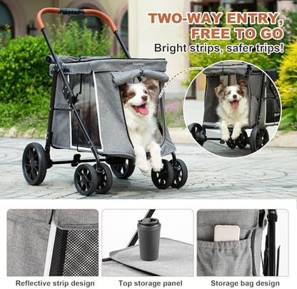 Medium Dog Stroller, Dual Entry One-Touch Folding,Small and Medium Pet Stroller,360° Rotating Front Wheels,80 lbs Weight Capacity for Outdoor Travel and Elderly Dogs - Gray