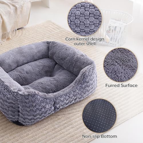 Plush Dog Bed Large, Dark Grey, Machine Washable, Dog Beds Sofa with Pillow Support, 30x24Inch, Corn Kernel Design, Non-Slip Bottom, Thick PP Cotton Padding