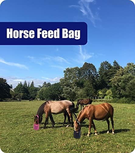 Horse Feed Bag for Grain - Heavy Duty Mesh Horse Feeder with Adjustable Strap,Comfort Neck Pad,Nose Pad Horse Muzzle (Medium,1Blue+1Pink)