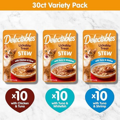 Delectables Lickable Treat Stew Wet Cat Treat Variety Pack, Food Topper, Hydrating, Grain-Free, No Fillers, No By-Products, No Added Preservatives, 1.4oz Pouch, 30ct
