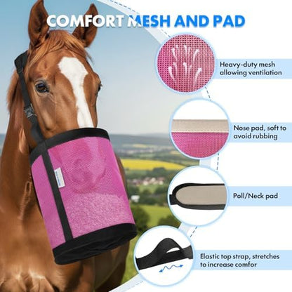 Horse Feed Bag Pack of 2 (Reinforced Bottom Edging), Feed Bags for Horses with Ventilation Mesh, Comfort Nose Pad Neck Pad, Adjustable Strap, Spill Proof Design for Feeding Grain, Supplements