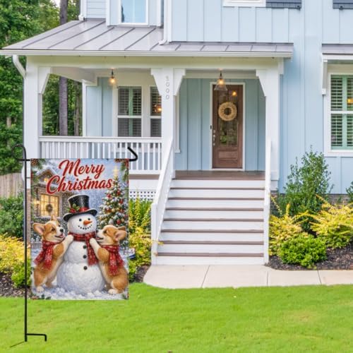 Christmas Corgi House Flag 28x40 Inch Merry Holiday Dogs Snowman Scarves Tree Holly Snowy Cute Rustic Farmhouse Outdoor Yard Lawn Porch Double Sided Banner Winter Welcome Decor