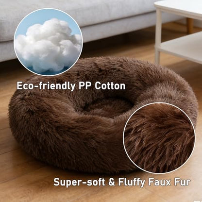 Calming Donut Dog Beds for Small Dogs Cats - Washable Removable Cover Non-Slip Bottom, Round Pet Bed Puppy Bed Warming Fluffy Faux Fur Anti-Anxiety, Fits up to 25 lbs (Coffee, 23")