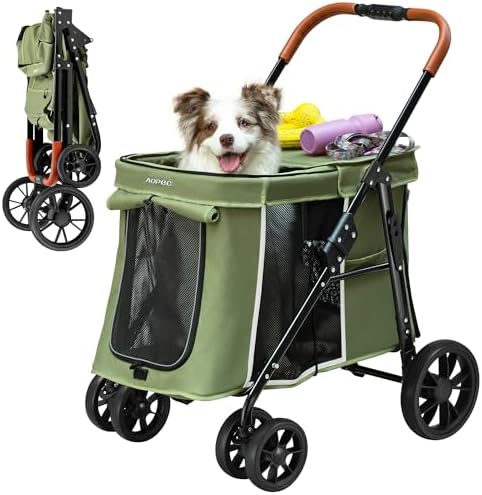 Medium Dog Stroller, Dual Entry One-Touch Folding,Small and Medium Pet Stroller,360° Rotating Front Wheels,80 lbs Weight Capacity for Outdoor Travel and Elderly Dogs - Green